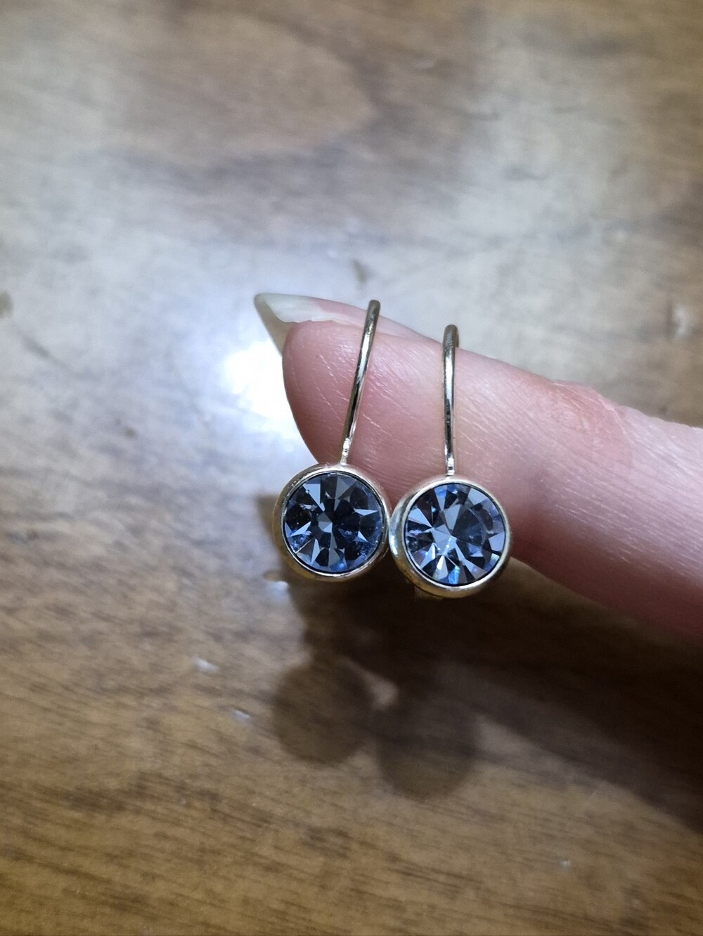 Blue Crystal Round Bella Style Drop Clip On Earrings Silver Tone